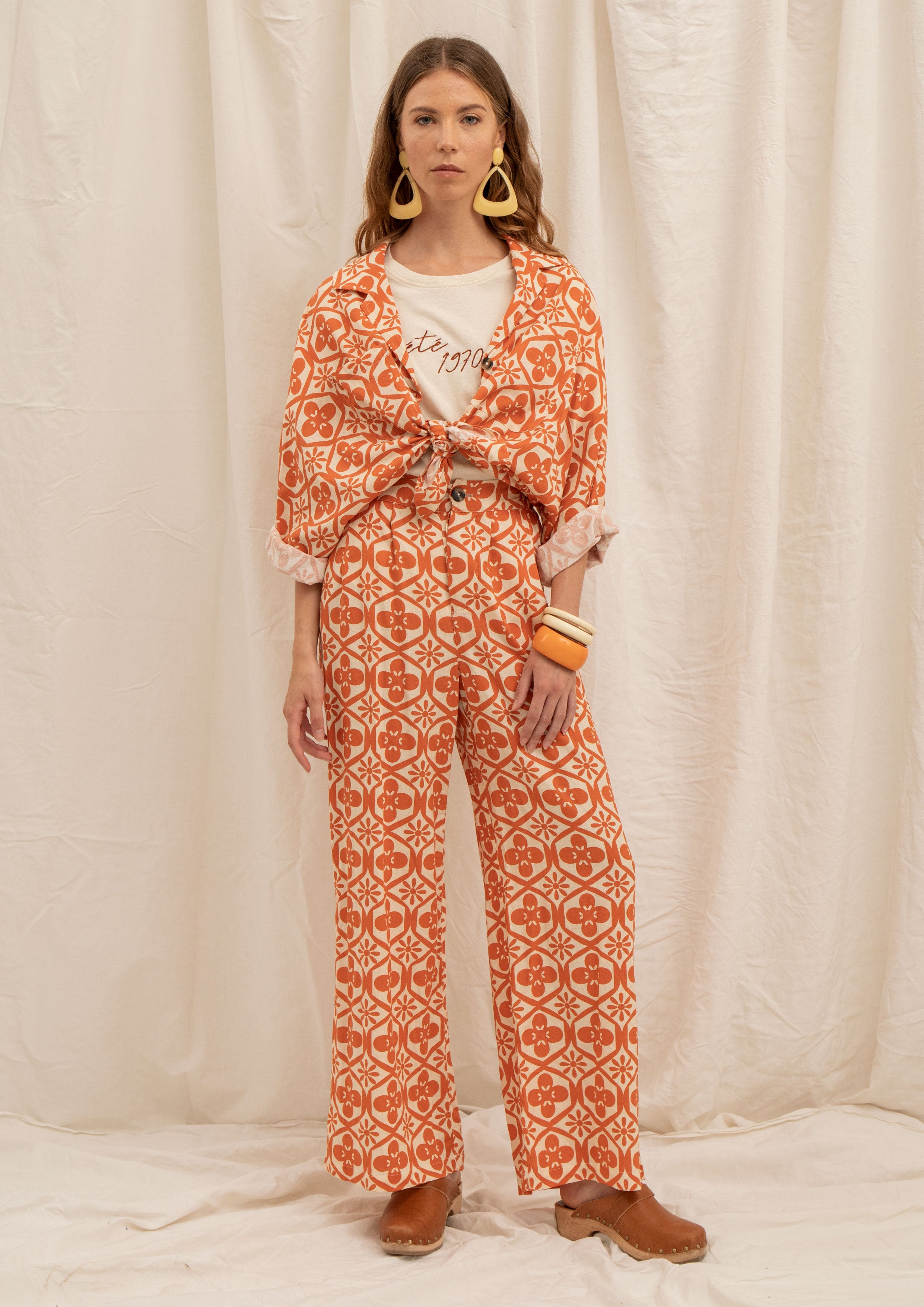 pantalon fluide lin motif orange
