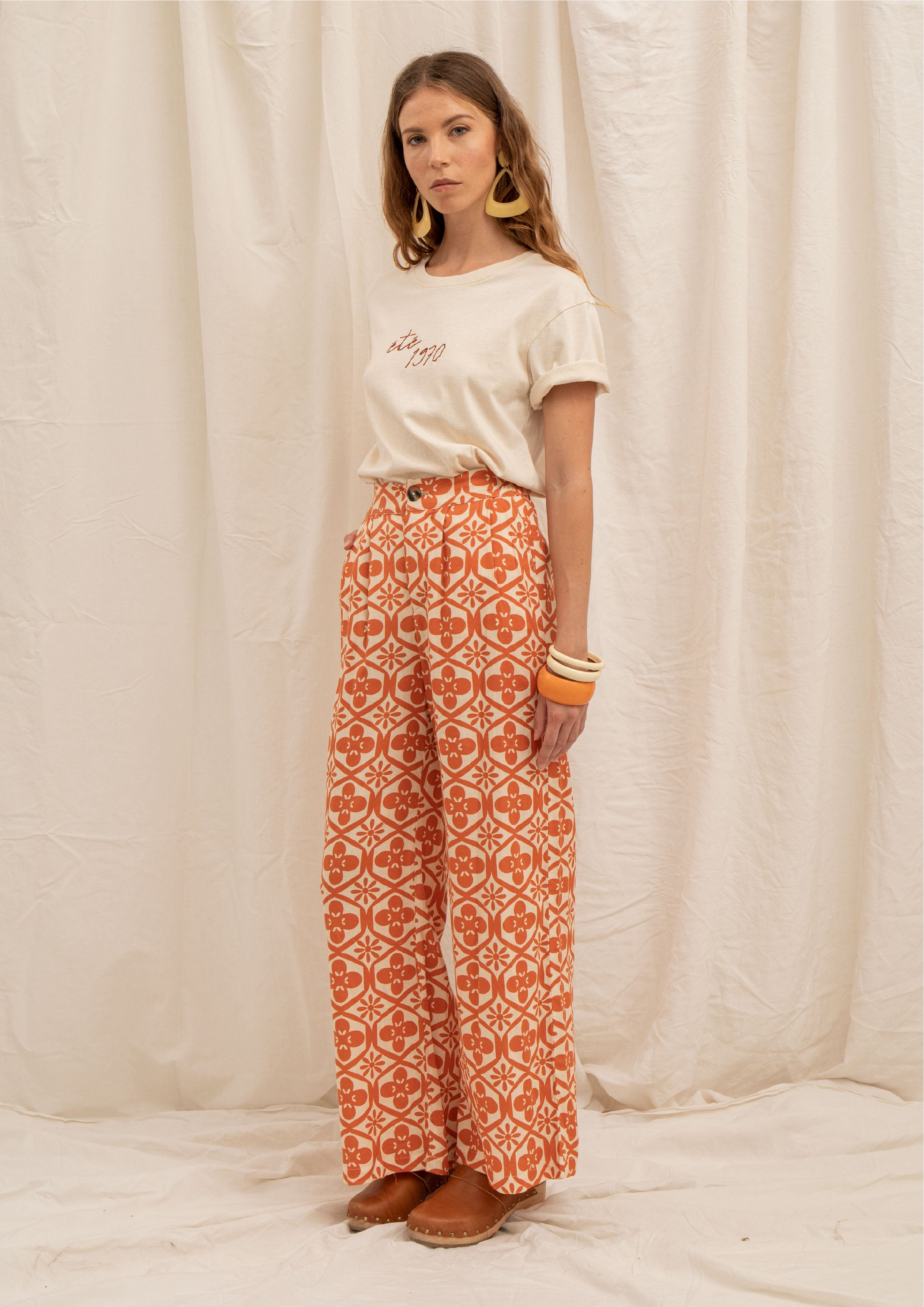 pantalon été lin viscose orange et beige