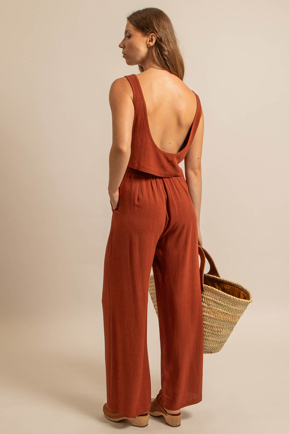 pantalon taille haute en lin et viscose tomette, coupe ample, fabriqué en France