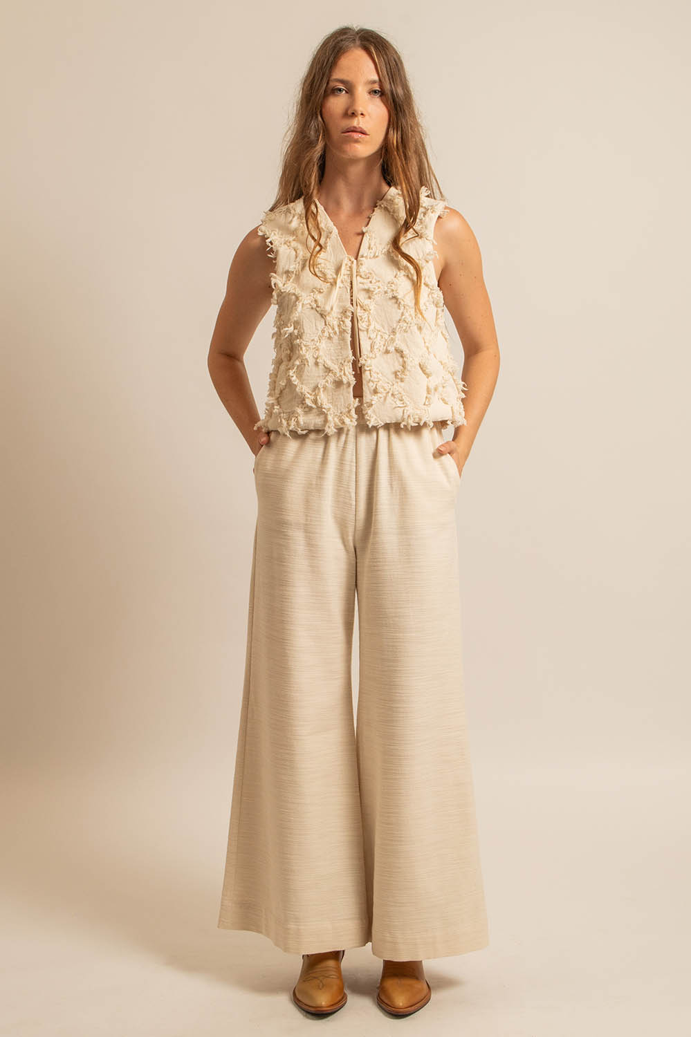 pantalon large en coton texturé naturel, taille élastique, fabriqué en France
