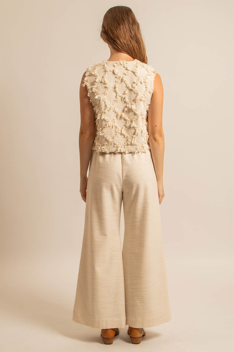pantalon large en coton texturé naturel, taille élastique, fabriqué en France