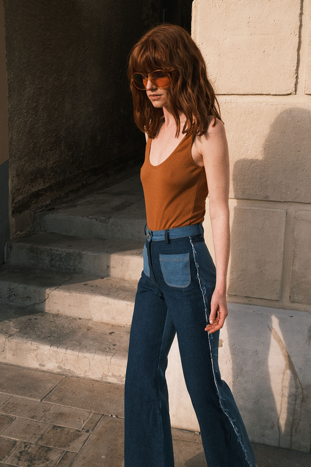 body en coton maille ajourée caramel, dos nu, fabriqué en France
