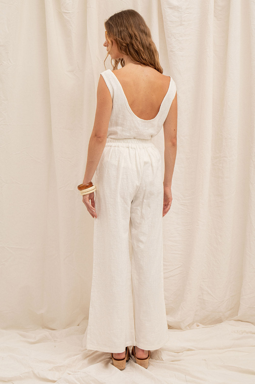 pantalon taille haute en toile de ramie naturel, coupe ample, fabriqué en France