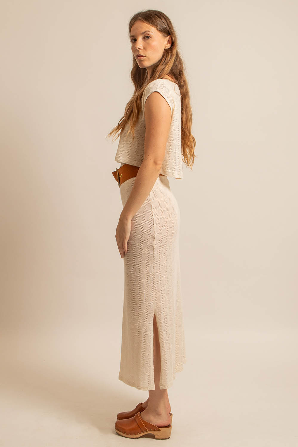 jupe longue en maille ajourée taille haute, fabriquée en France