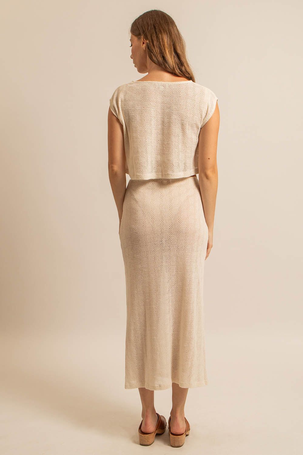 jupe longue en maille ajourée taille haute, fabriquée en France
