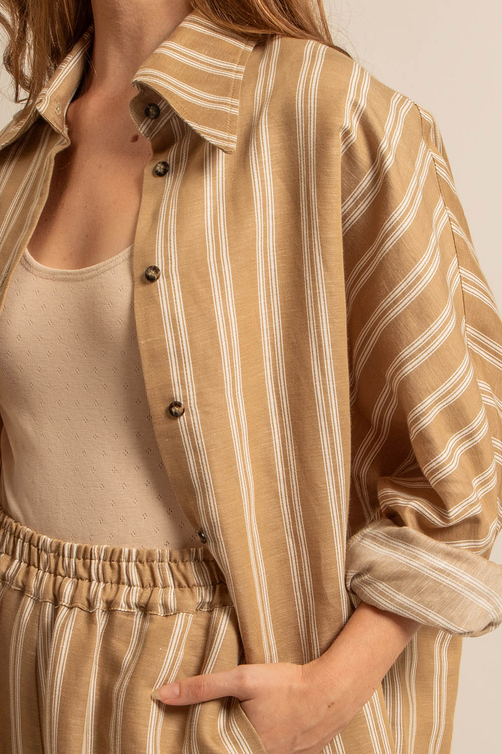 chemise en lin et coton à rayures, manches chauve-souris, fabriquée en France