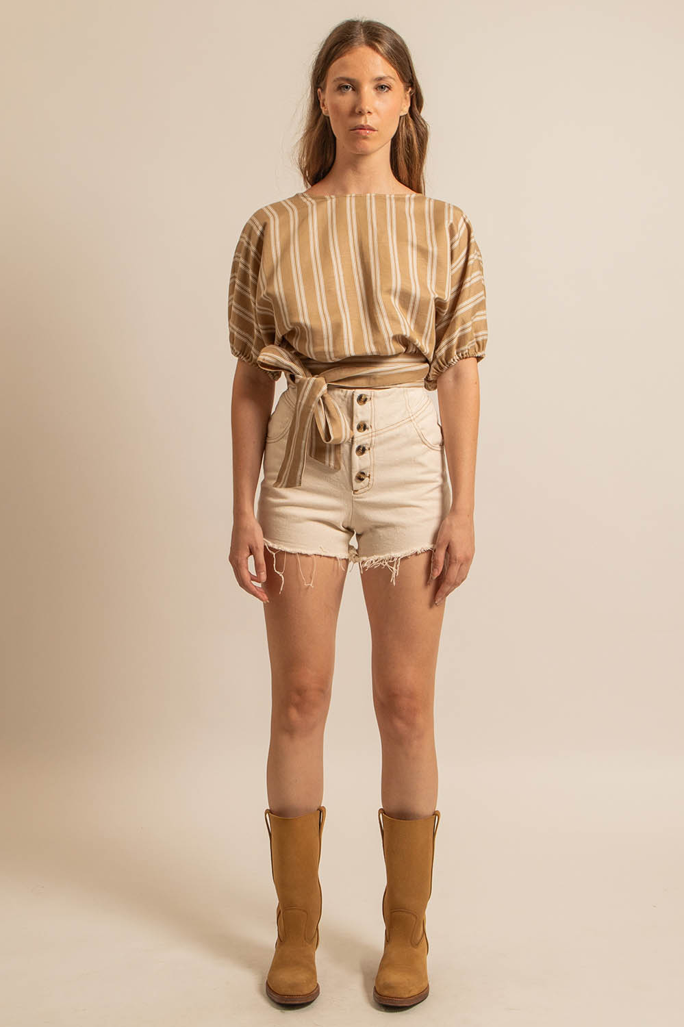 top cache-cœur en lin et coton à rayures, à nouer, fabriqué en France