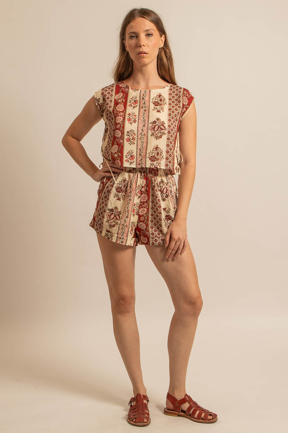 short en lin et viscose motif Provence, taille élastique, fabriqué en France